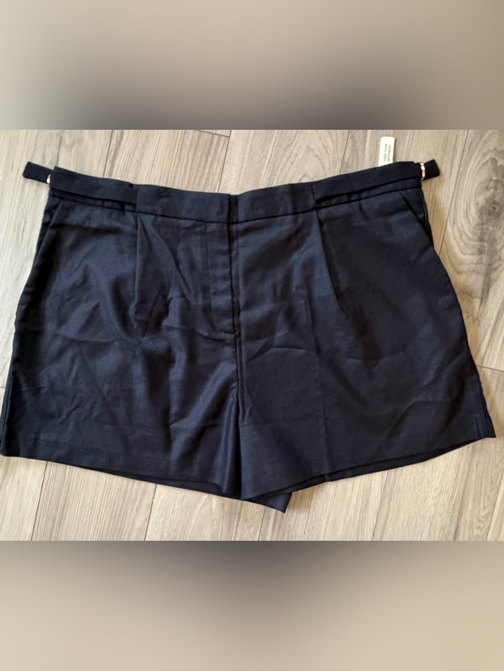 NWT OGL Women Pleated Short 2X Black High Waist Gold Buckle Detail Linen Blend
